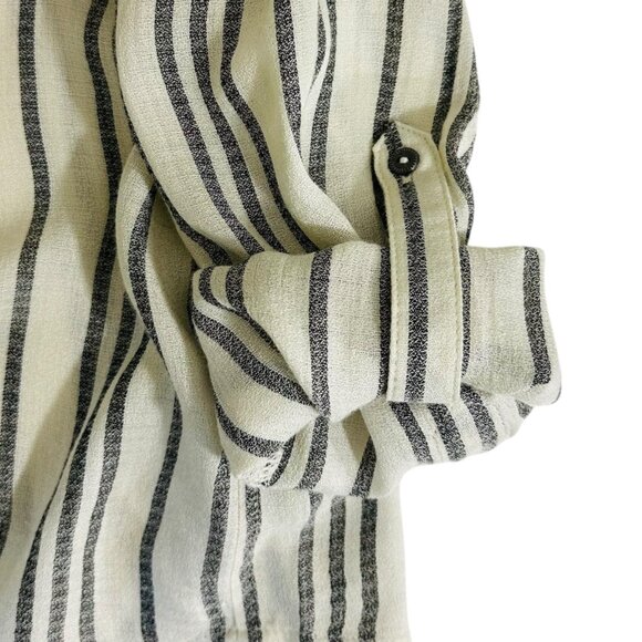 Lucky Brand Women's Size M Striped Roll Tab Sleeves Ivory Black Popover Blouse - Picture 6 of 8